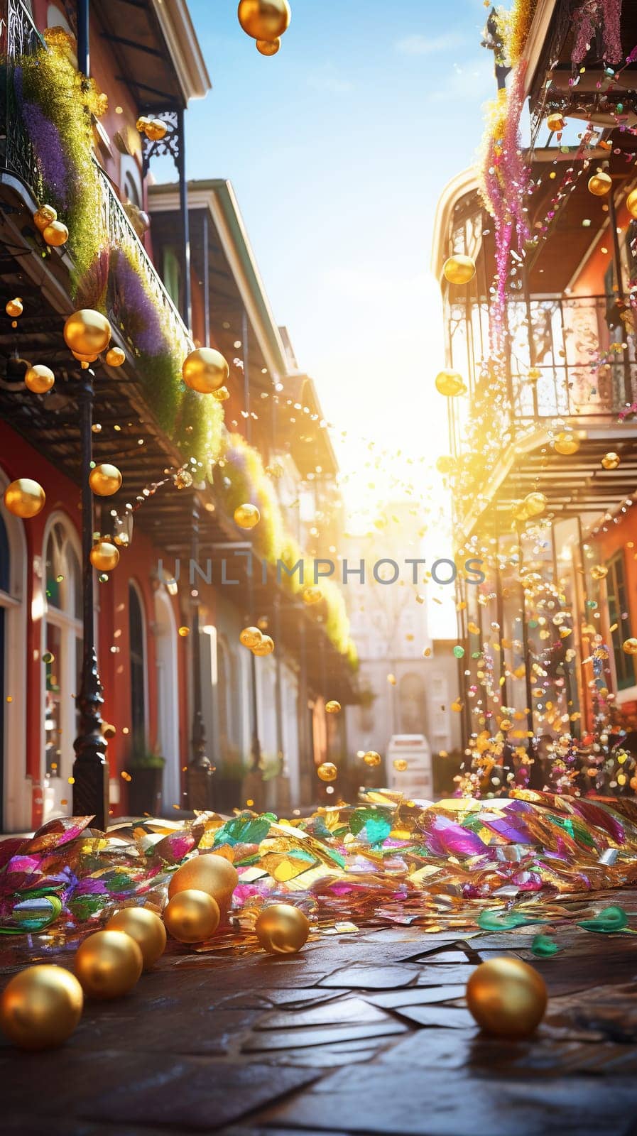Confetti and Mardi Gras carnival decorations city street festival background. AI Generated content
