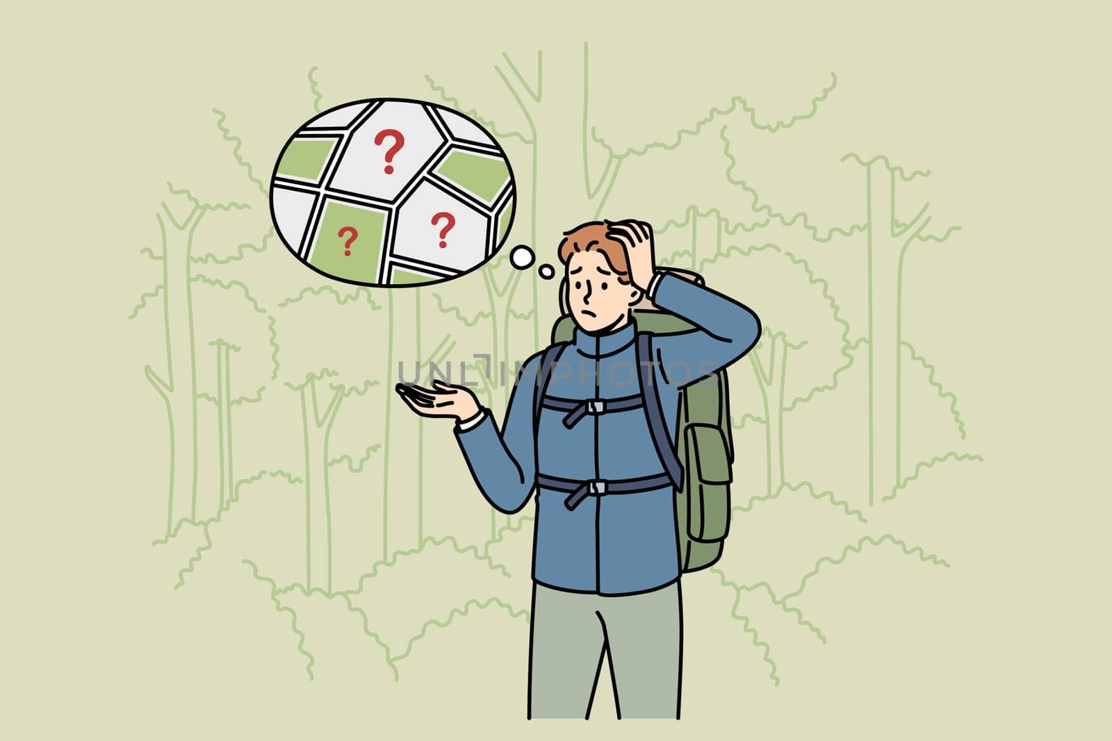 Man gets lost in forest and stands among trees, remembering route to house or highway. Confused guy gets lost and needs help from rescue service to avoid encountering wild animals.