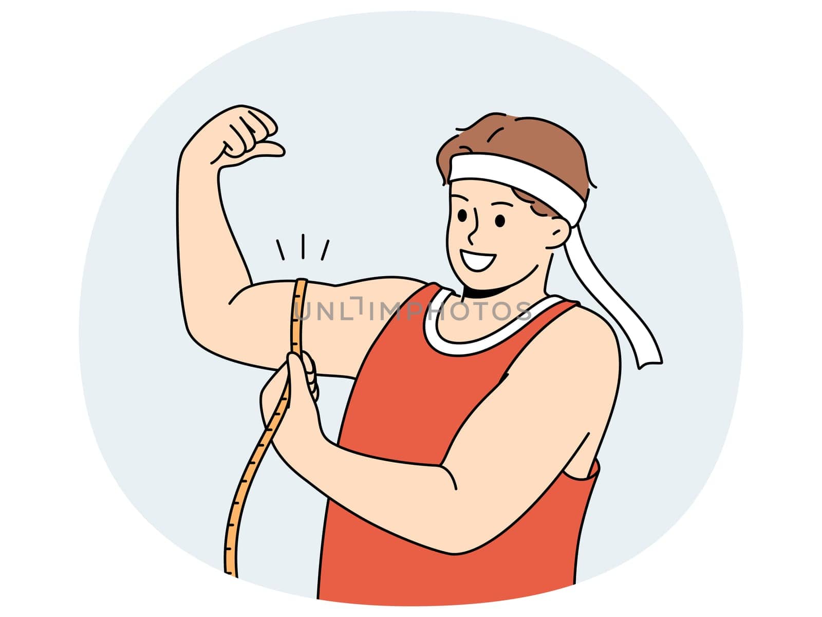 Strong man shows biceps and uses measuring tape to check size of muscles on arm. Strong guy in sportswear boasts about size of biceps and recommends doing bodybuilding or arm wrestling