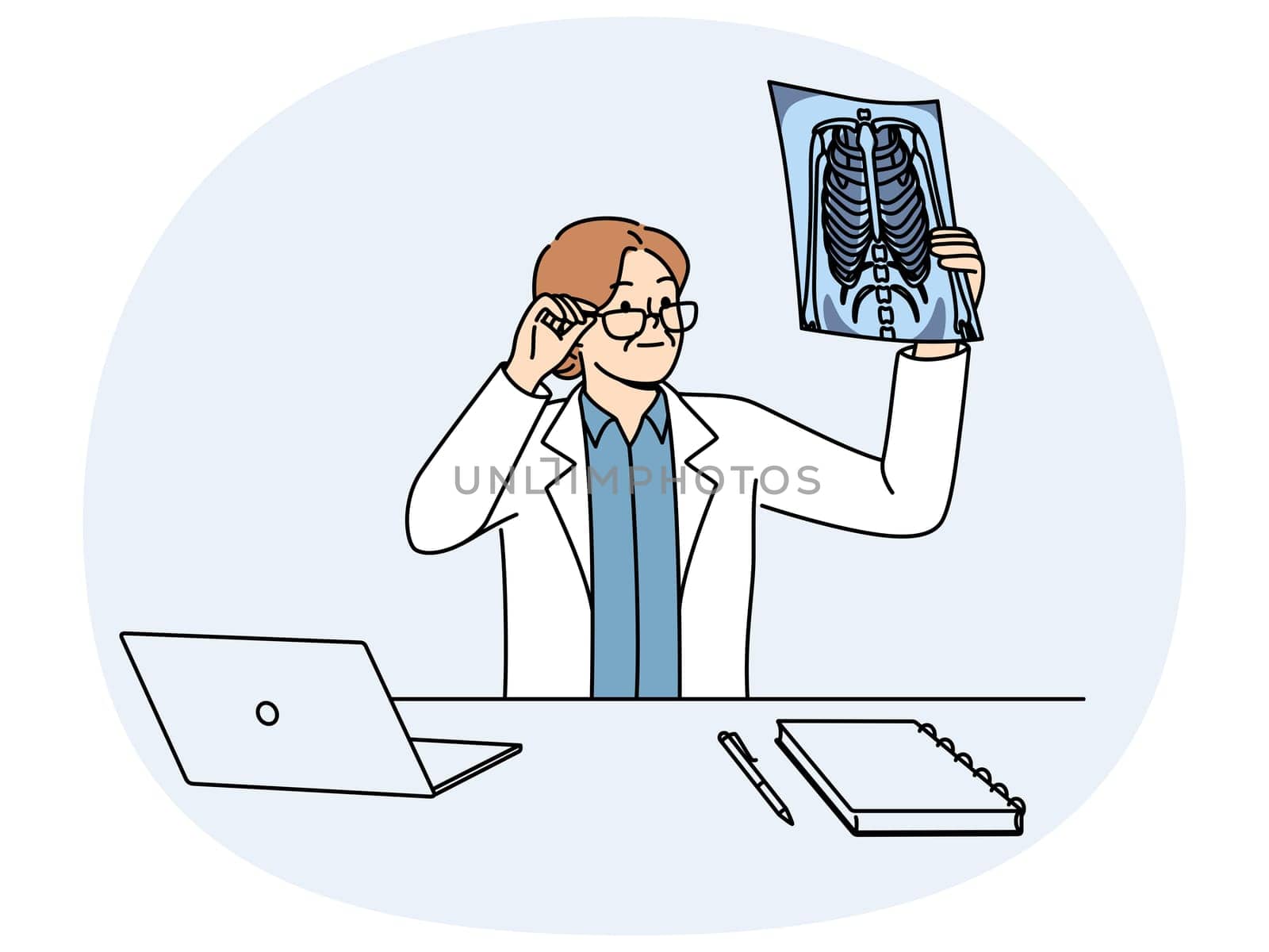 Woman doctor holding x-ray picture of sick conducting medical examination of patient with lung problems. Doctor examines x-ray film trying to diagnose person who asked for help from hospital staff