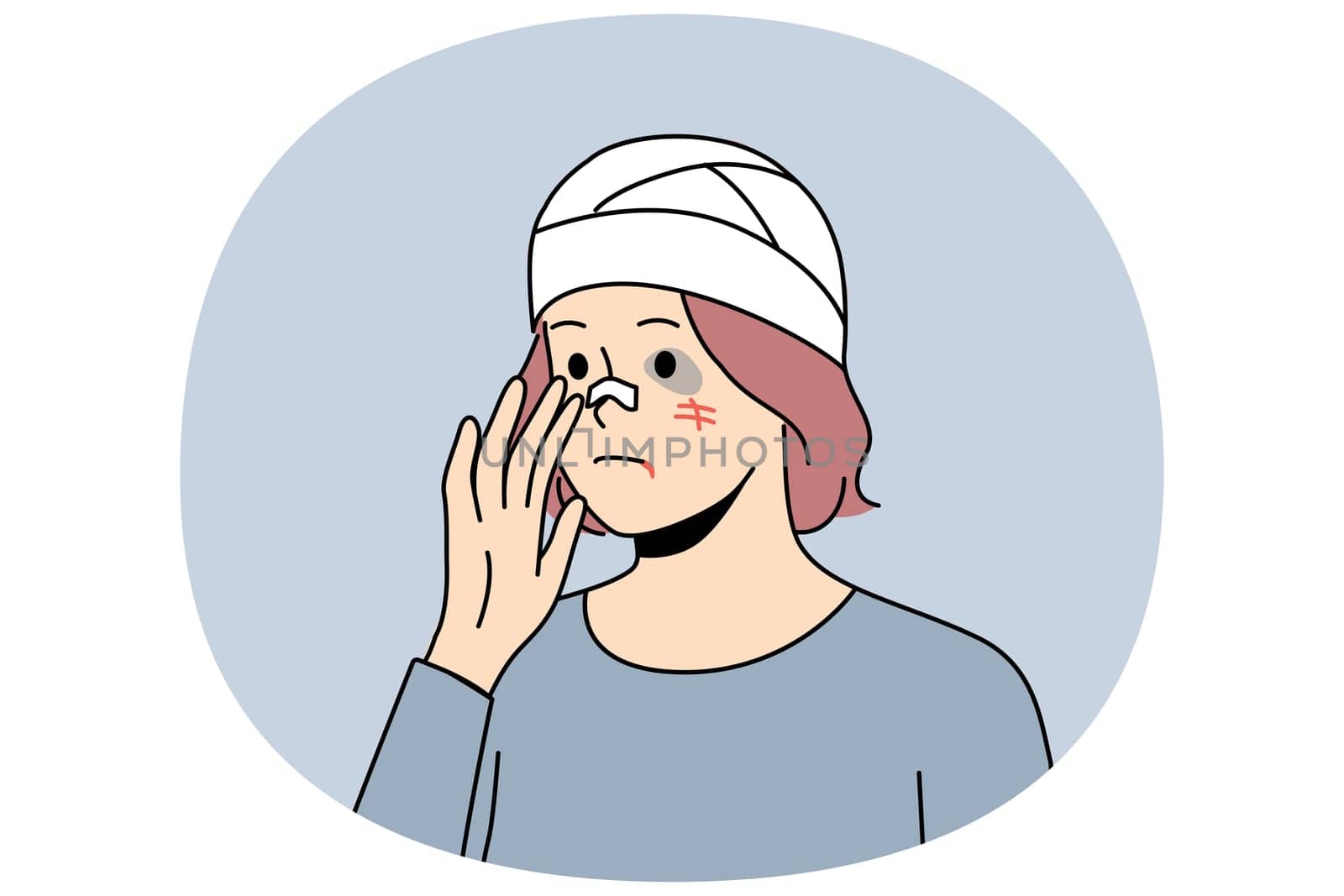 Beaten woman with bandage on head and wounds on face became victim of criminal or maniac. Beaten girl is stressed and needs medical and psychological support after being attacked by intruder