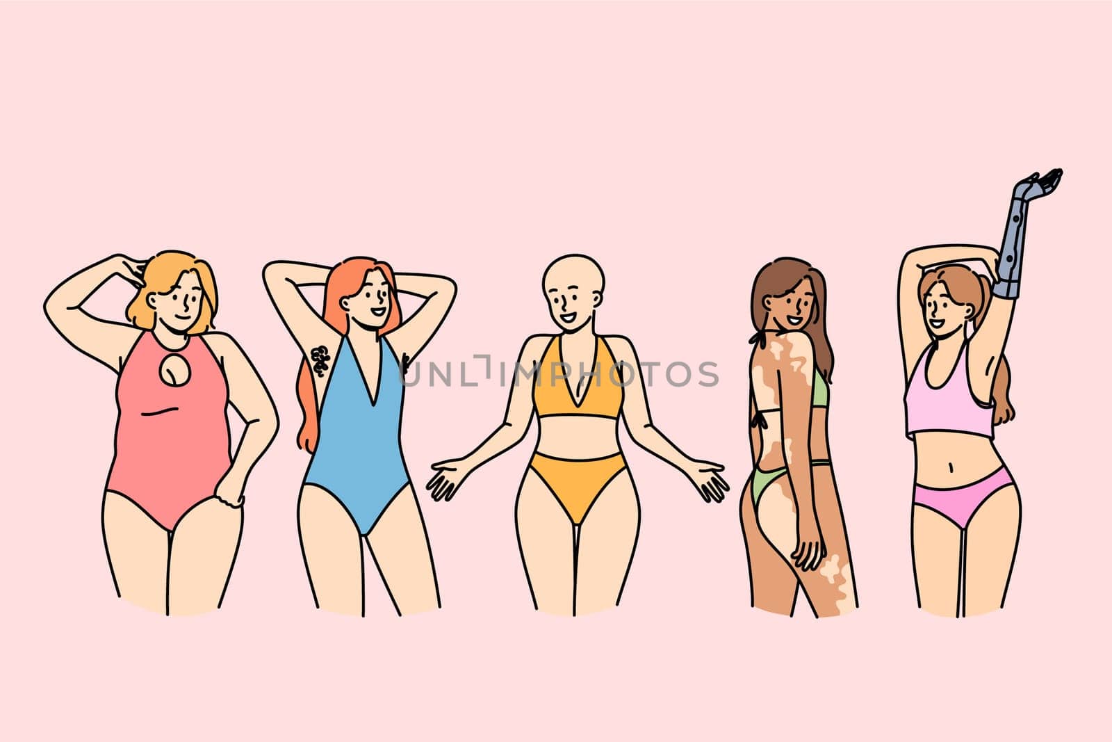 Variety women promote philosophy of body positivity while standing in underwear next to friends. Concept body positivity and lack of discrimination due to individual characteristics of figure and skin