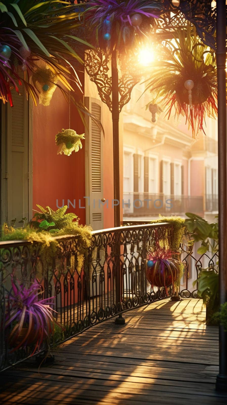 Confetti and Mardi Gras carnival decorations city street festival background. AI Generated content