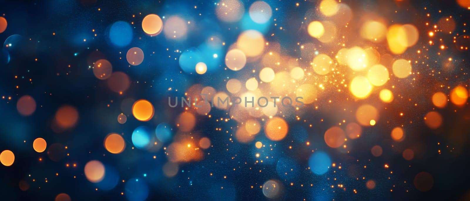Enchanting bokeh light effect with golden and blue orbs against a dark background, creating a dreamy and festive atmosphere.