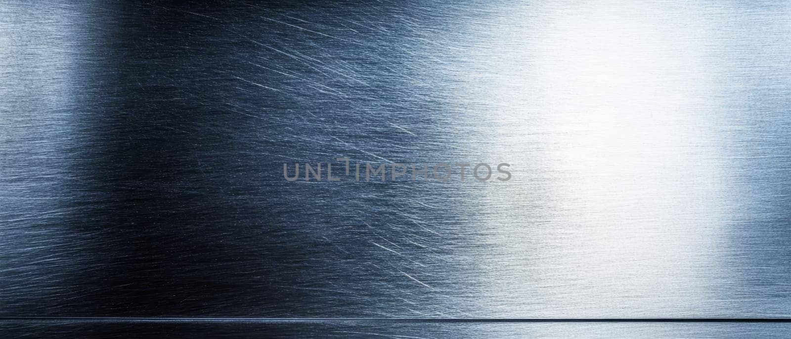 Scratched brushed metal surface with gradual transition from dark to light, showcasing industrial texture and copy space.