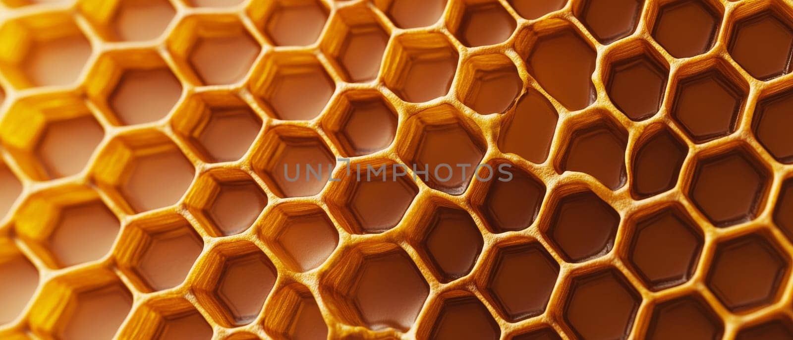 Macro view of a golden honeycomb structure with hexagonal cells, showcasing nature's perfect geometry in beeswax architecture.
