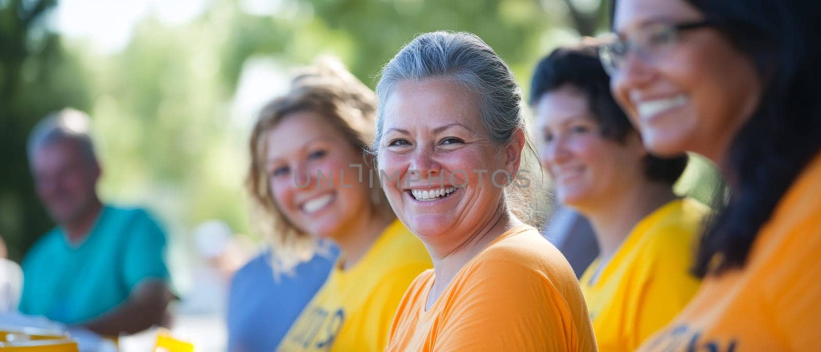Cheerful multi ethnic group of adult volunteers wearing bright colored t shirts, gathered outdoors, representing community service and teamwork.