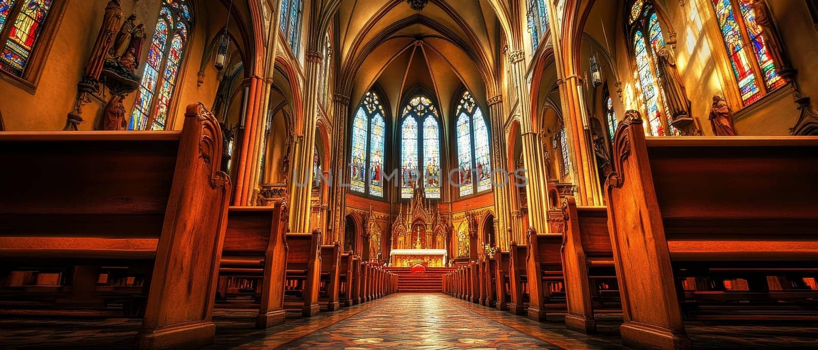 Stunning interior of a cathedral with ornate architecture, wooden pews, and vibrant stained glass windows, showcasing Gothic arches and a grand altar.