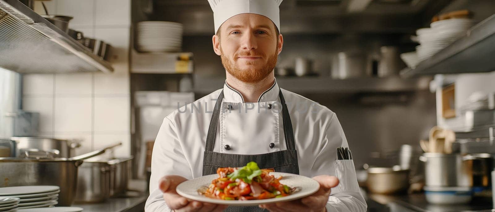 Smiling chef in professional kitchen proudly presenting a colorful, freshly prepared salad, embodying culinary expertise and passion for healthy cuisine.
