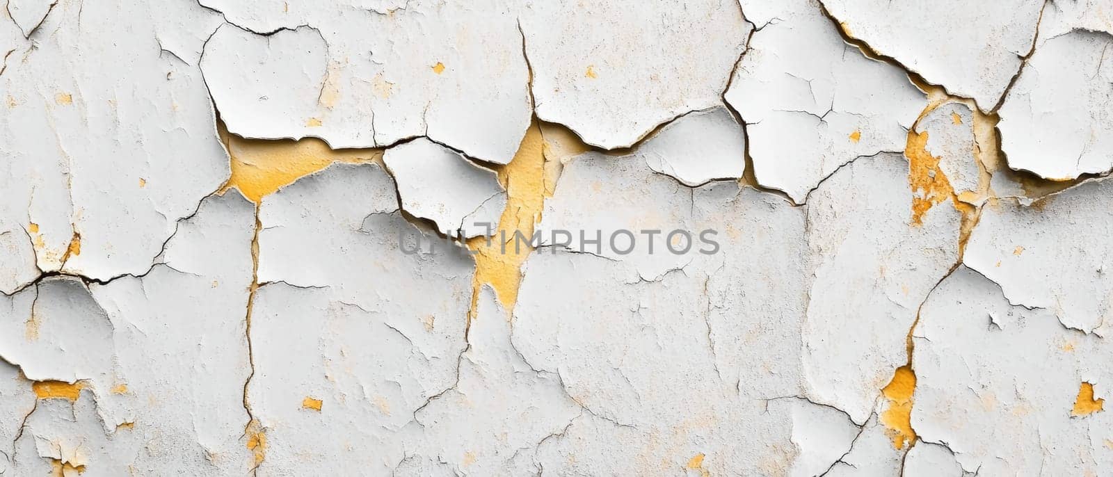 Close up of white paint peeling off a cracked wall, revealing yellow undertones, symbolizing decay and the passage of time in urban environments.