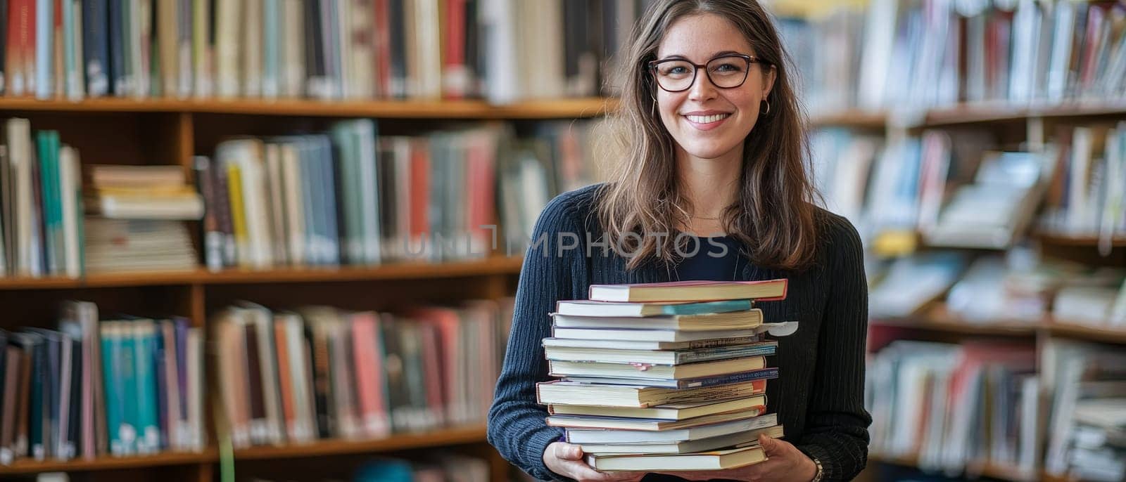 Young woman with glasses smiling while holding a stack of books in a library, surrounded by bookshelves, representing education and knowledge.