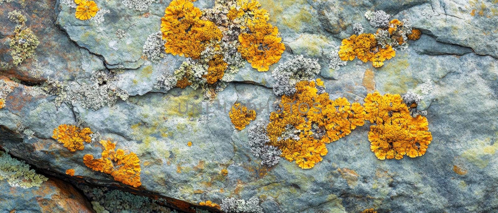Close up of vibrant orange and white lichen growing on a gray rock surface, showcasing nature's intricate patterns and organic textures.