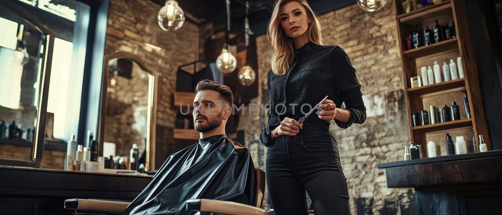 Female hairdresser in black outfit preparing to cut hair of male client in trendy barbershop interior with exposed brick walls and pendant lighting.