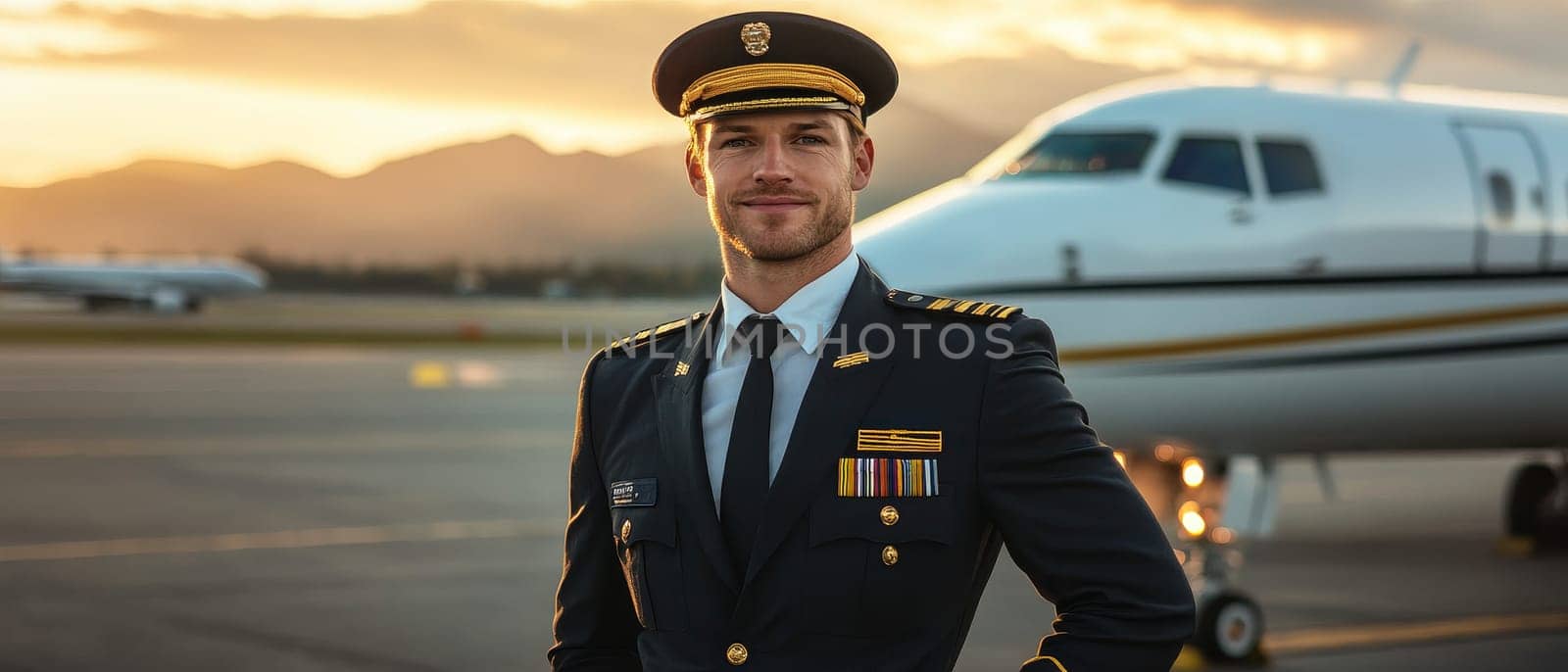 Confident airline pilot in uniform standing on airport tarmac with private jet in background at sunset, embodying aviation professionalism and leadership.