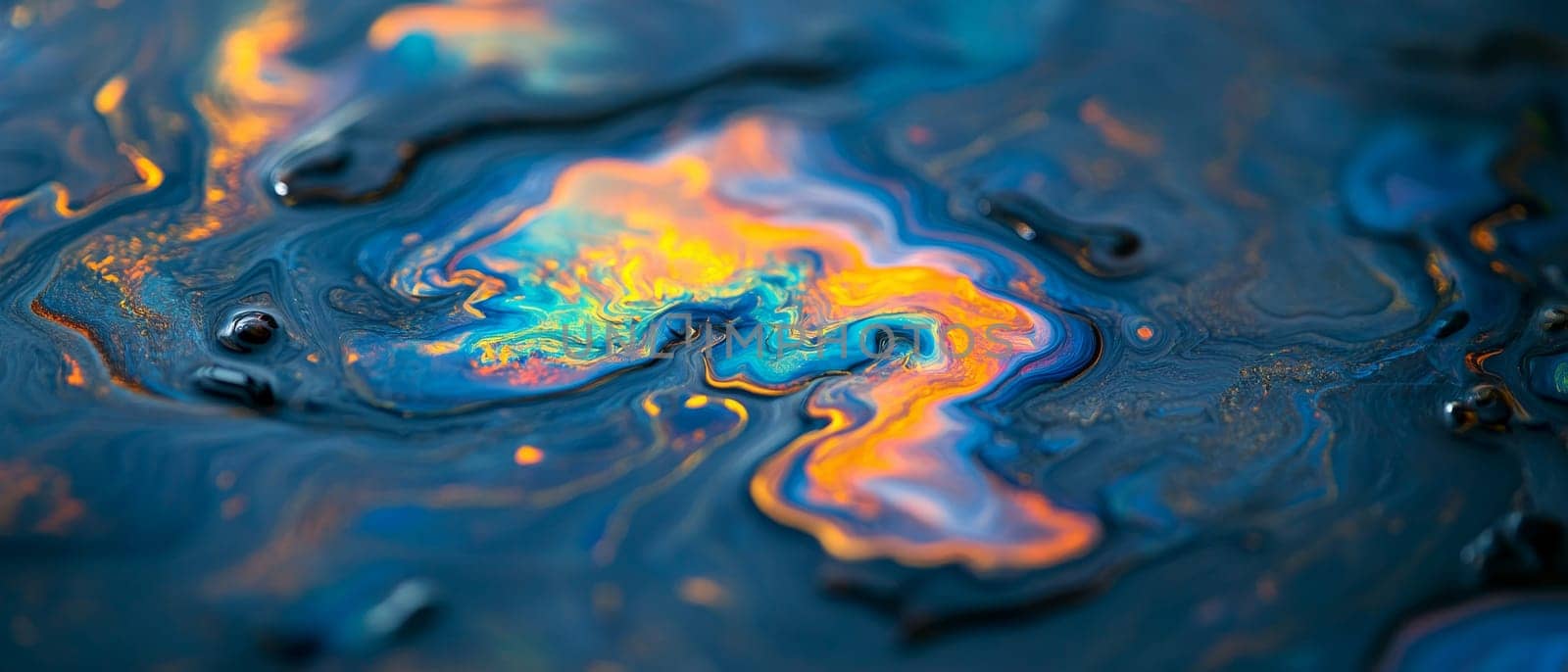 Macro shot of iridescent oil film on water surface, creating a psychedelic pattern of swirling blues, oranges, and yellows.