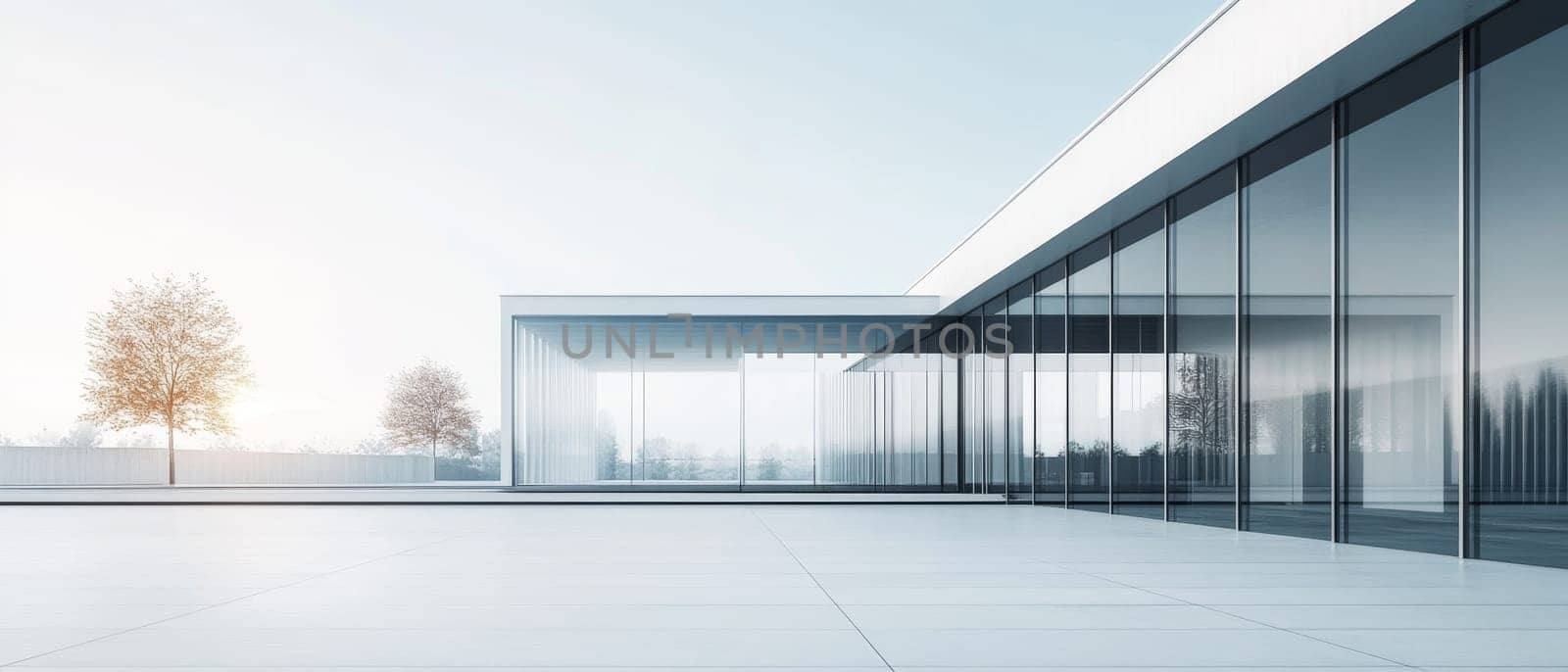Modern minimalist glass building exterior with clean lines and reflective surfaces, bathed in soft morning light, showcasing contemporary architectural design.