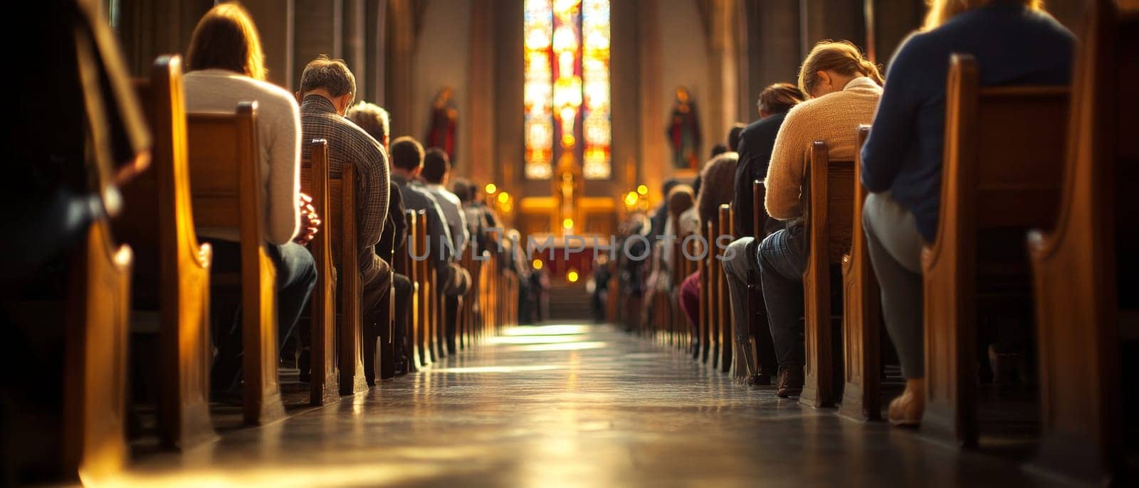 Rear view of diverse church congregation seated in wooden pews during prayer service, with stained glass windows illuminating the altar in warm light.