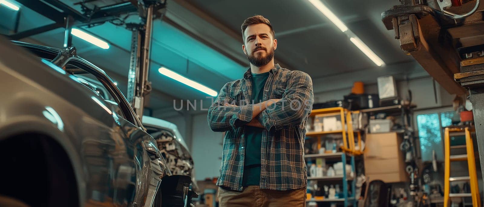 Bearded auto mechanic with crossed arms stands confidently in garage workshop, fluorescent lights overhead, car in background.