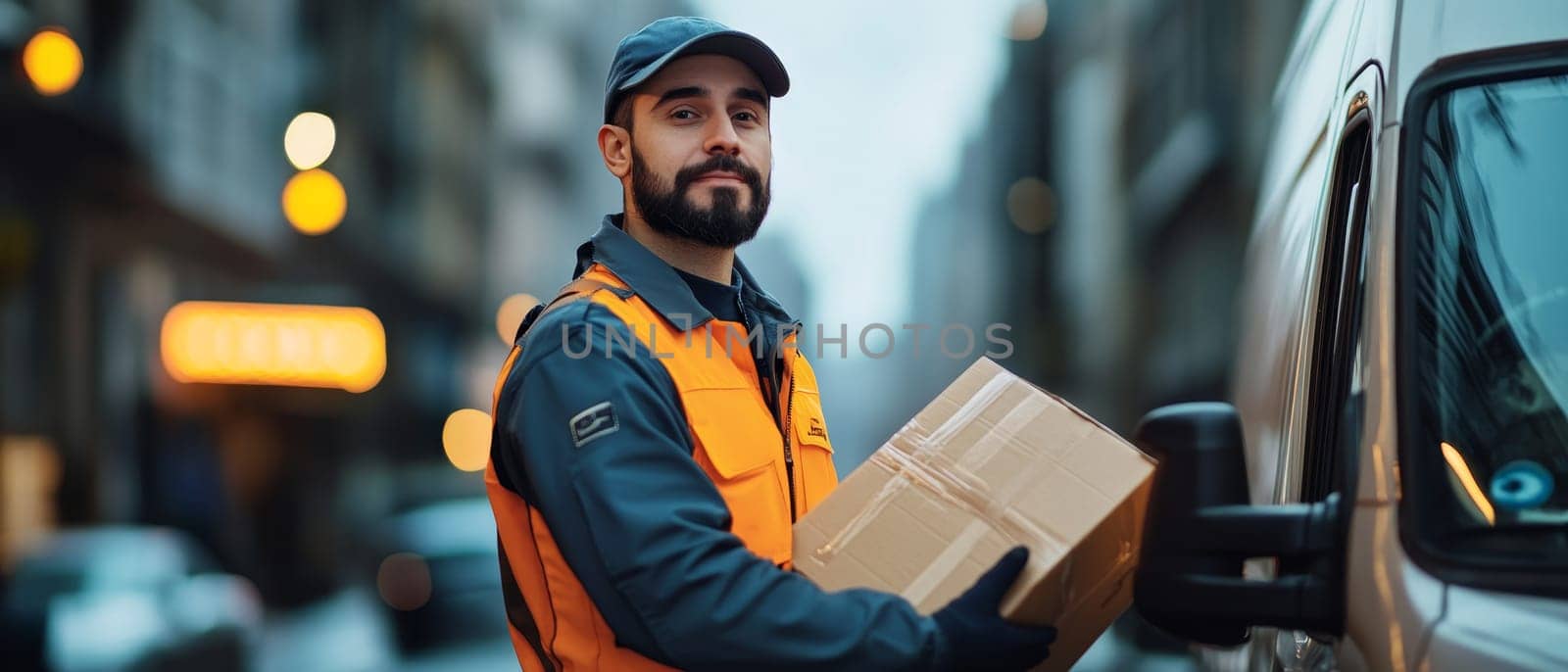 Bearded delivery man in orange and blue uniform holding a cardboard box near a van in a city street at dusk, with blurred urban background and street lights.