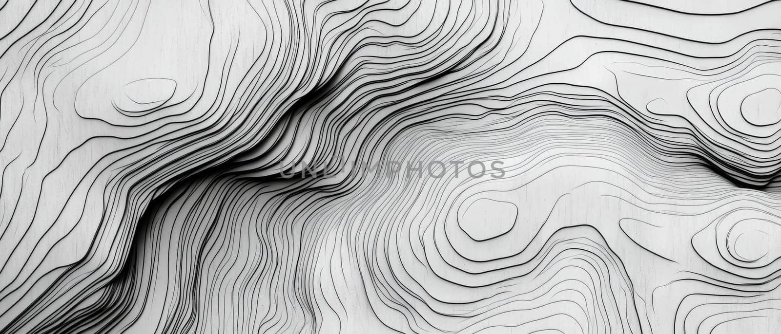 Black and white abstract pattern of topographic contour lines creating a dynamic 3D effect with undulating curves and layers.