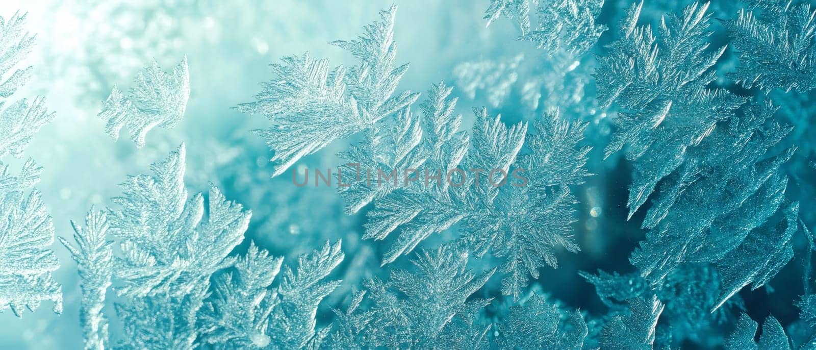 Intricate ice crystals form a mesmerizing winter landscape in shades of blue and white, showcasing nature's frozen artistry in close up detail.