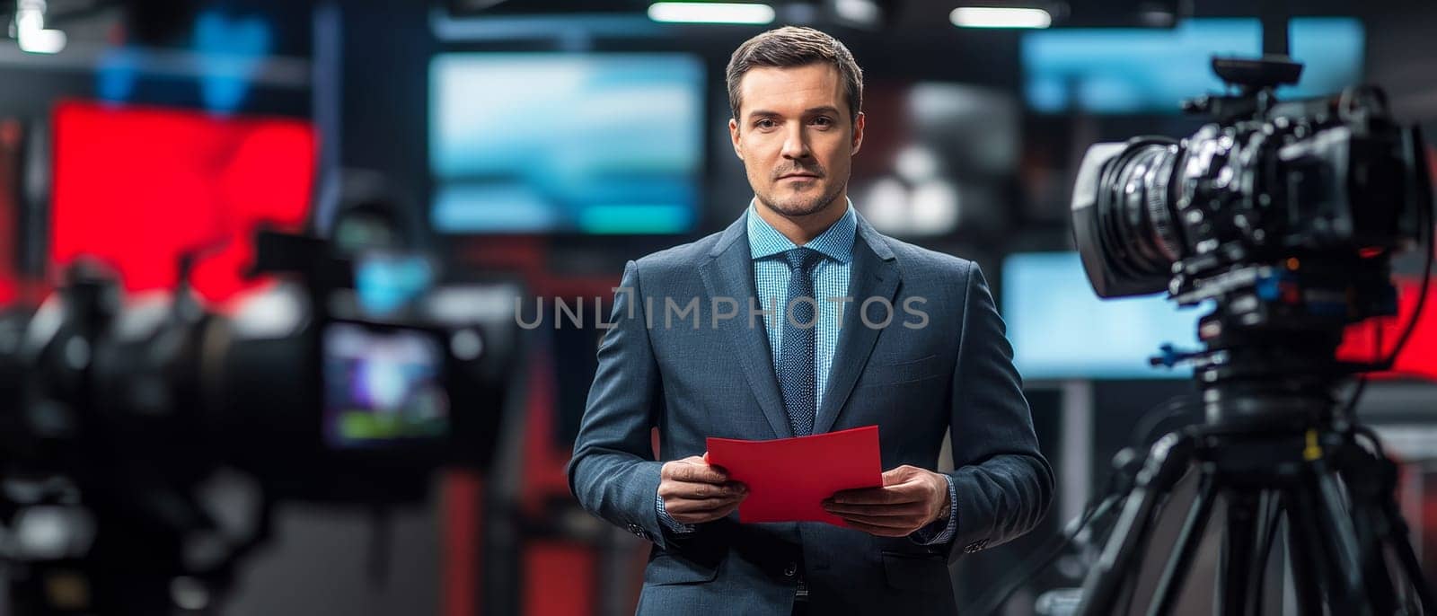 Professional news anchor in suit holding red script, standing in modern television studio with cameras and screens in background.
