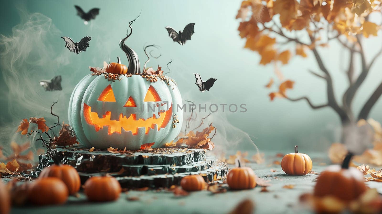 Halloween illuminated carved pumpkin, evil scary face in darkness, candle lit at night, background with copy space