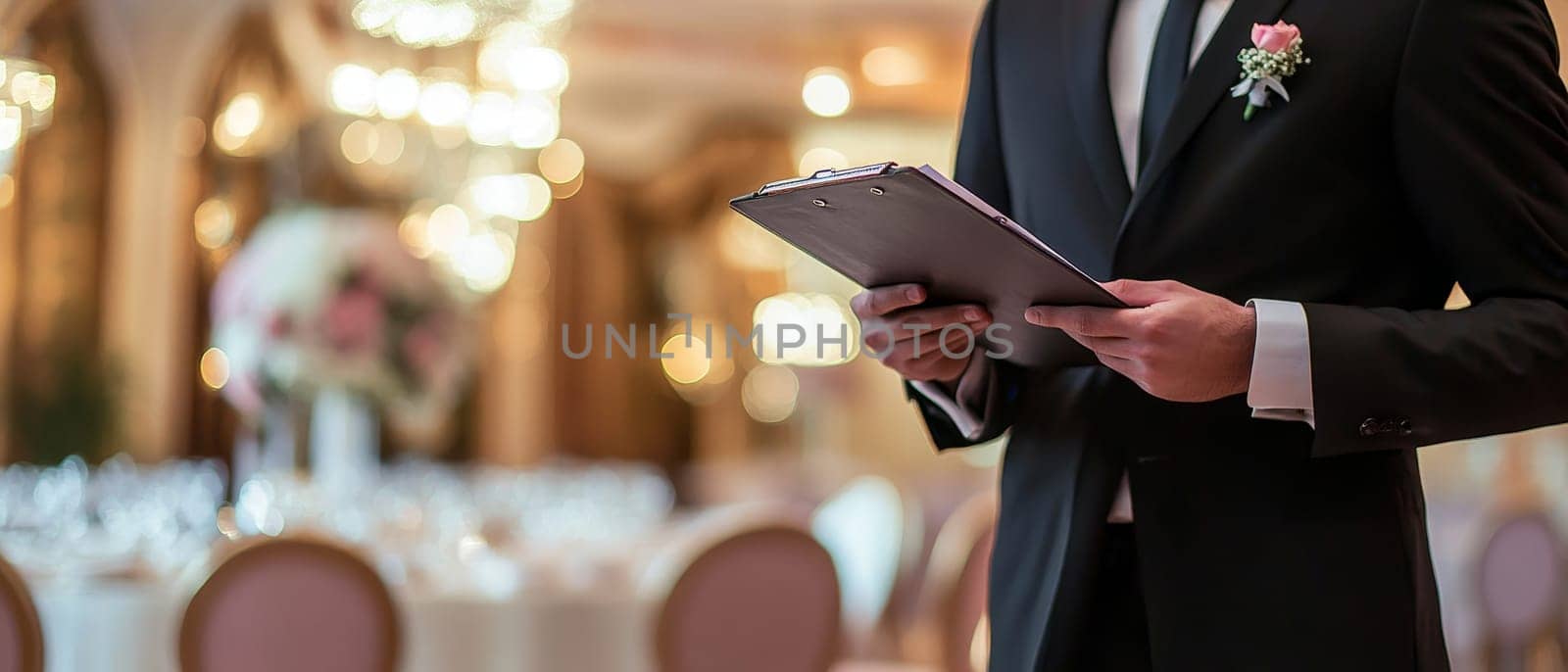 Professional wedding planner in formal attire reviews details on clipboard in an elegant reception hall with bokeh lights, ensuring perfect event coordination.