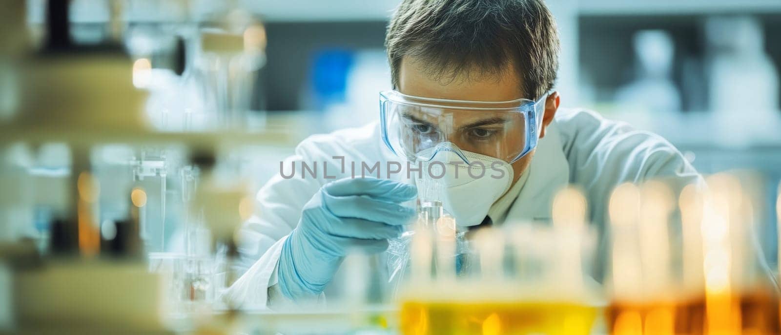 Focused scientist in protective gear examining test tube in modern laboratory, surrounded by scientific equipment and colored liquids.