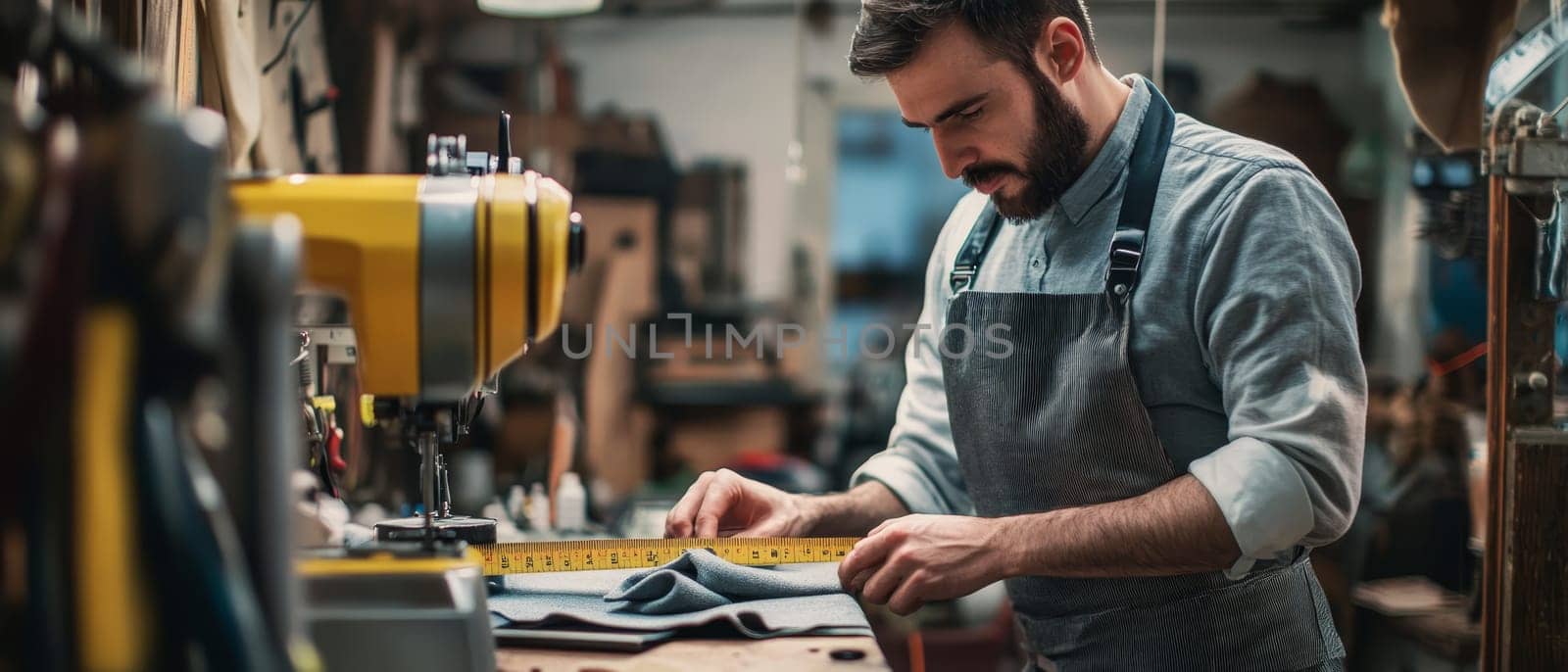 Bearded craftsman in apron carefully measuring fabric with tape measure in workshop, surrounded by tools and equipment.