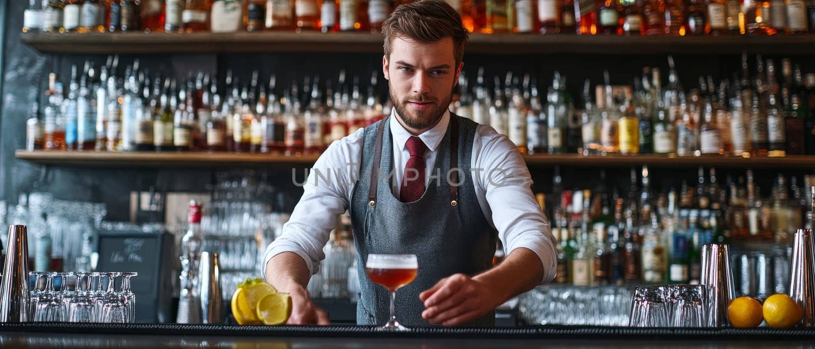 Skilled bartender in formal attire preparing a cocktail at a well stocked bar, demonstrating expertise in mixology amidst an array of spirits and glassware.