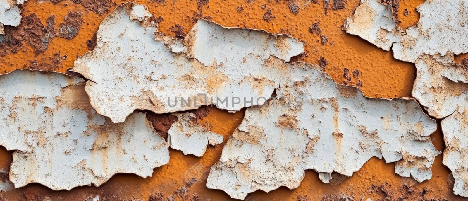 Close up of weathered metal surface with peeling white paint revealing rusty orange layers underneath, creating an abstract textured pattern.