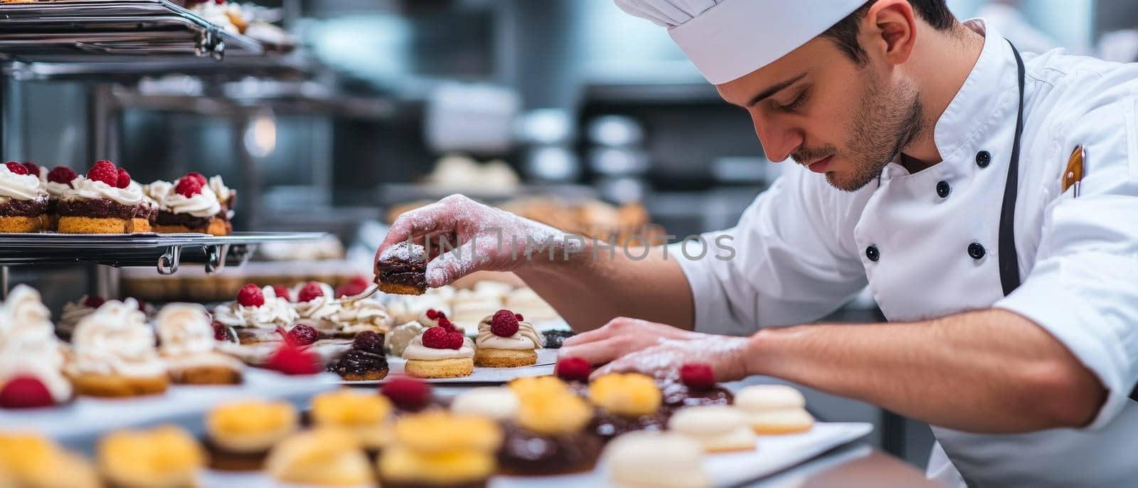 Skilled pastry chef in white uniform meticulously decorates delicate pastries with raspberries in a professional kitchen, showcasing culinary artistry.