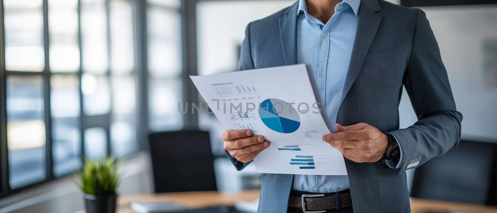 Professional in blue suit examining financial reports with charts and graphs in a modern office, showcasing business analysis and strategic planning.