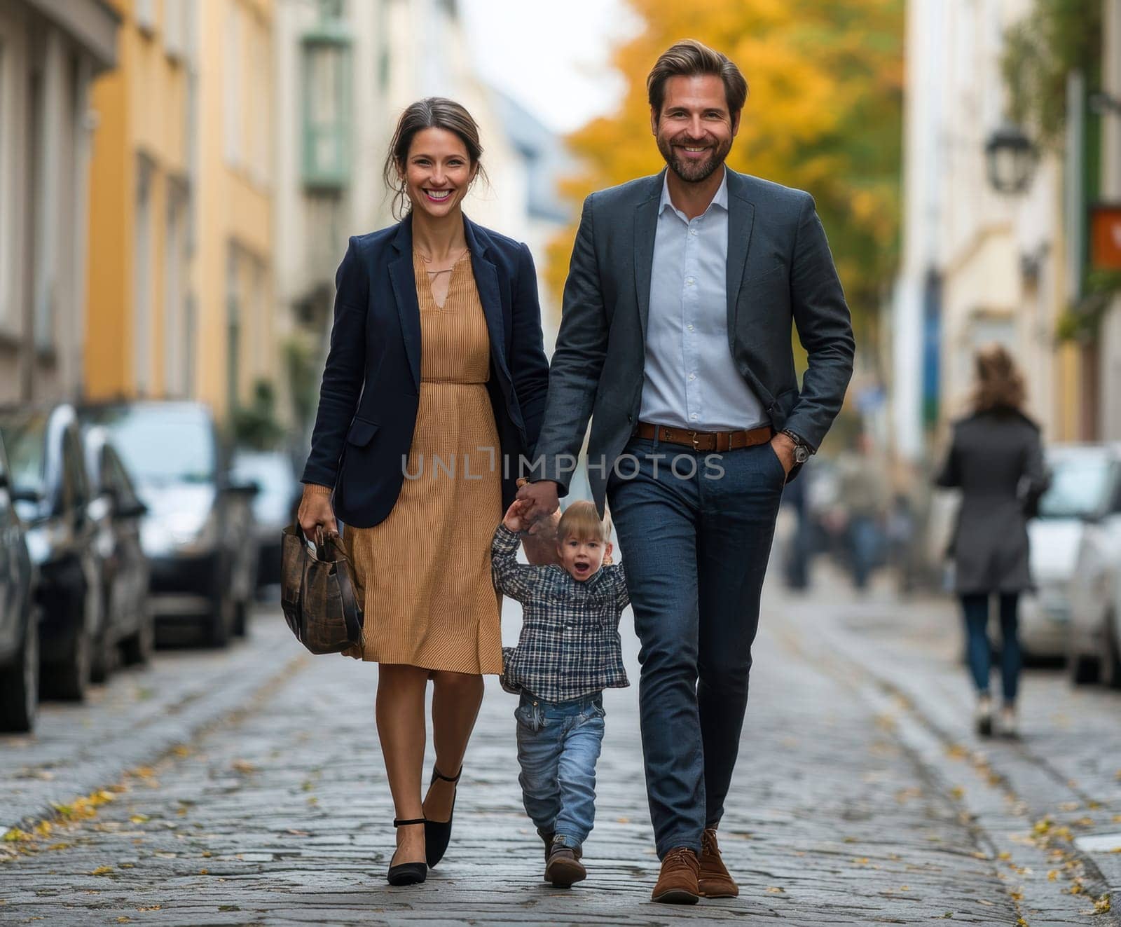 Woman and man on a walk with a child. AI generative.
