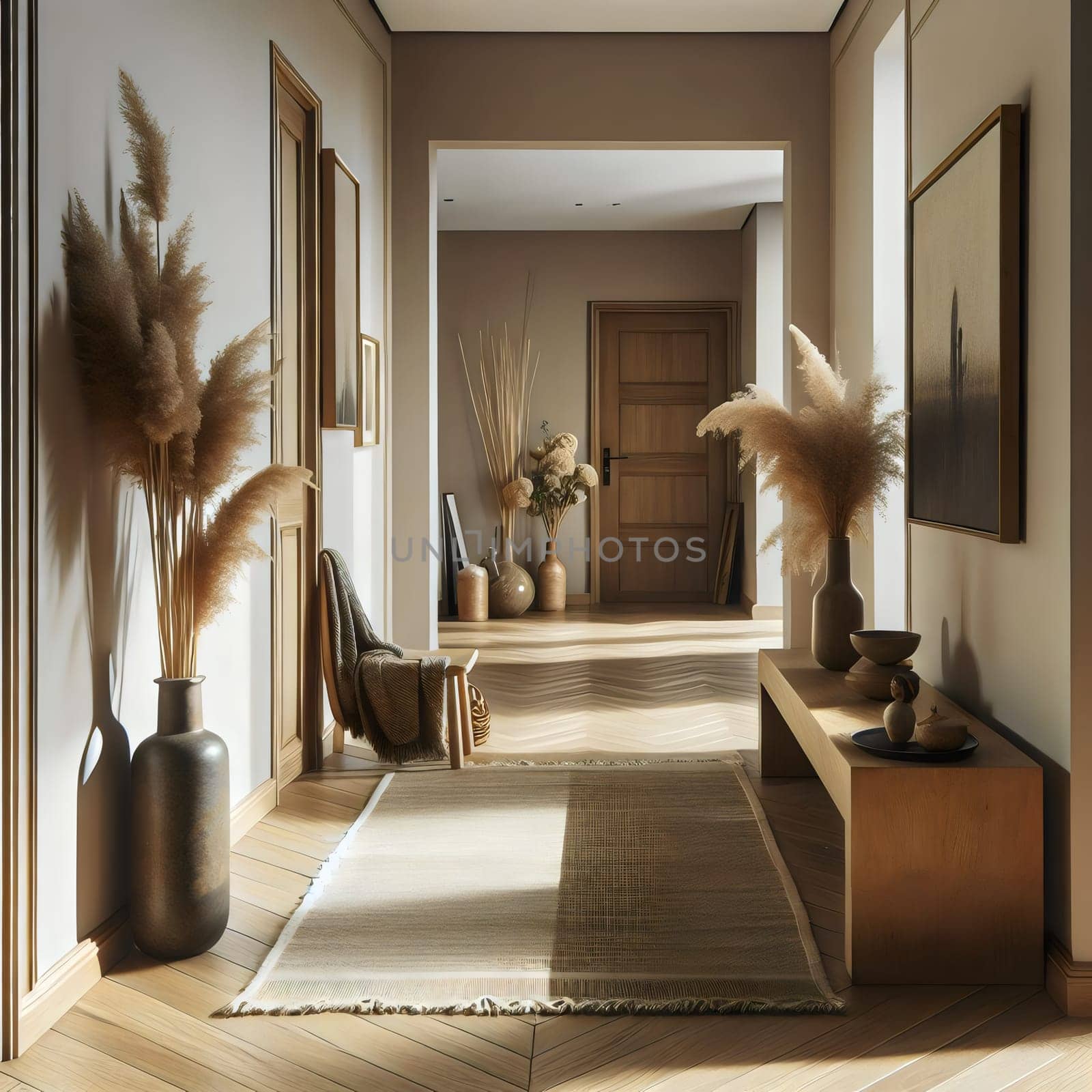 A hallway interior with wooden floors, a rug, a bench, and dried pampas grass in vases. A high-quality AI-generated photo.