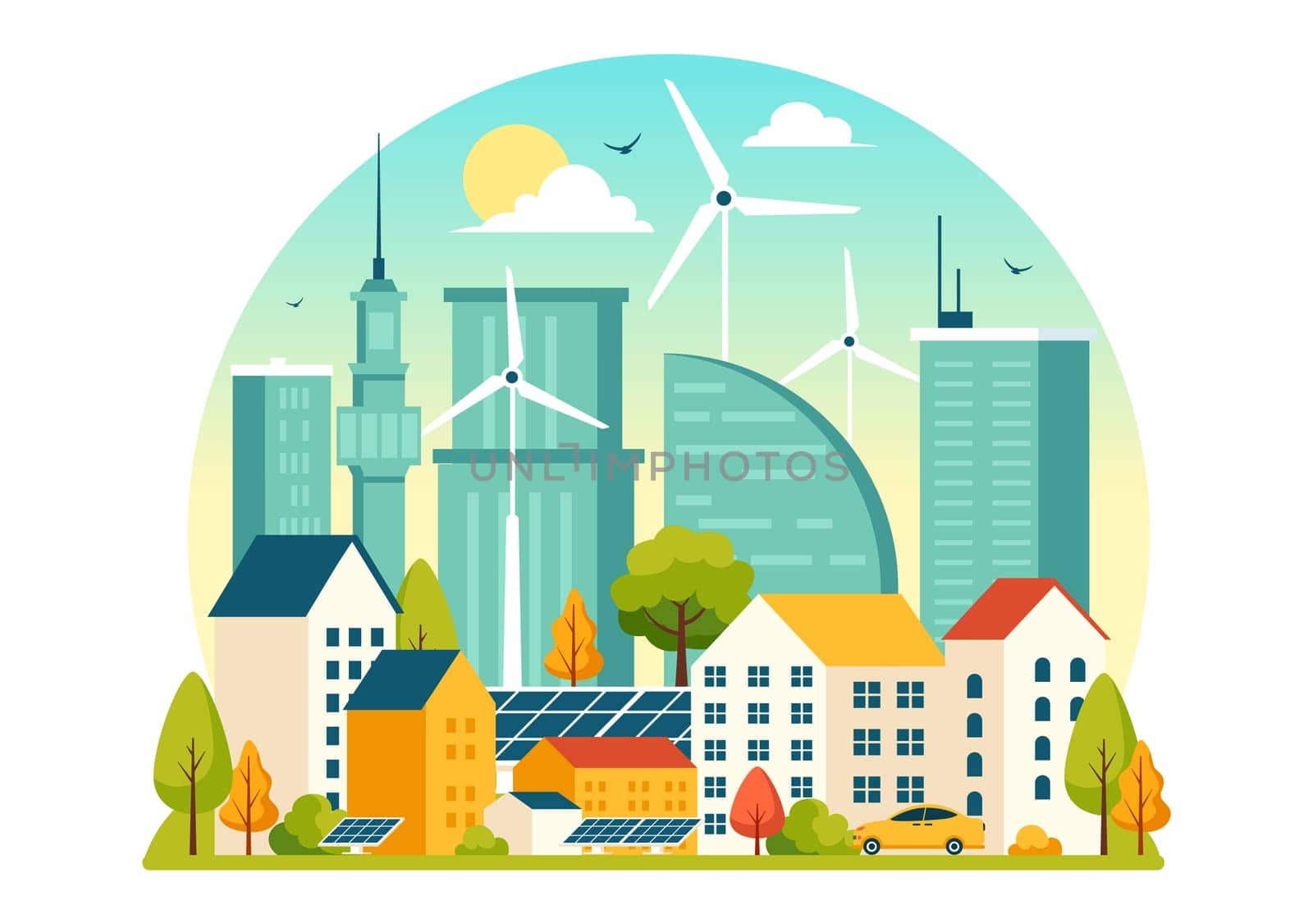 Energy Efficiency in the City Vector Illustration Featuring a Sustainable Environment with Electricity Generated from Solar and Wind Power
