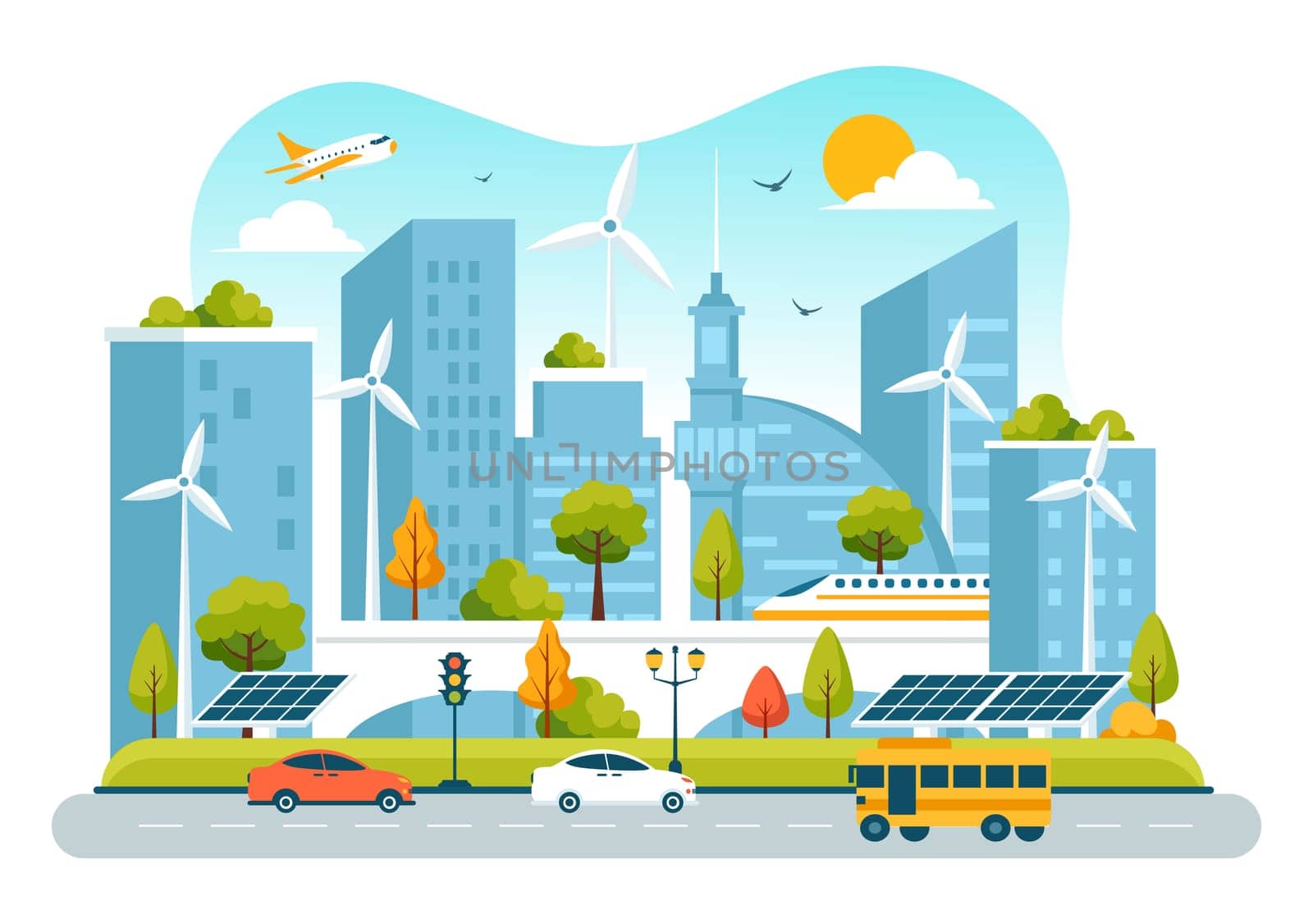 Energy Efficiency in the City Vector Illustration Featuring a Sustainable Environment with Electricity Generated from Solar and Wind Power