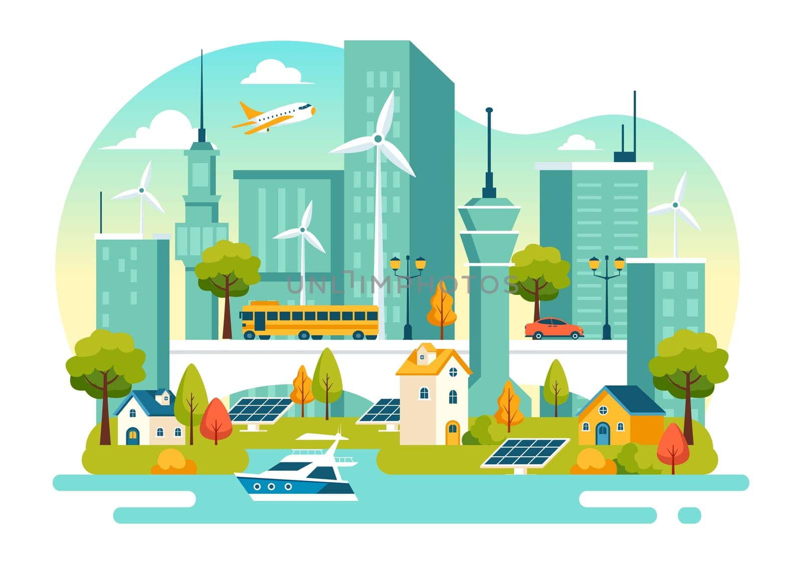 Energy Efficiency in the City Vector Illustration Featuring a Sustainable Environment with Electricity Generated from Solar and Wind Power