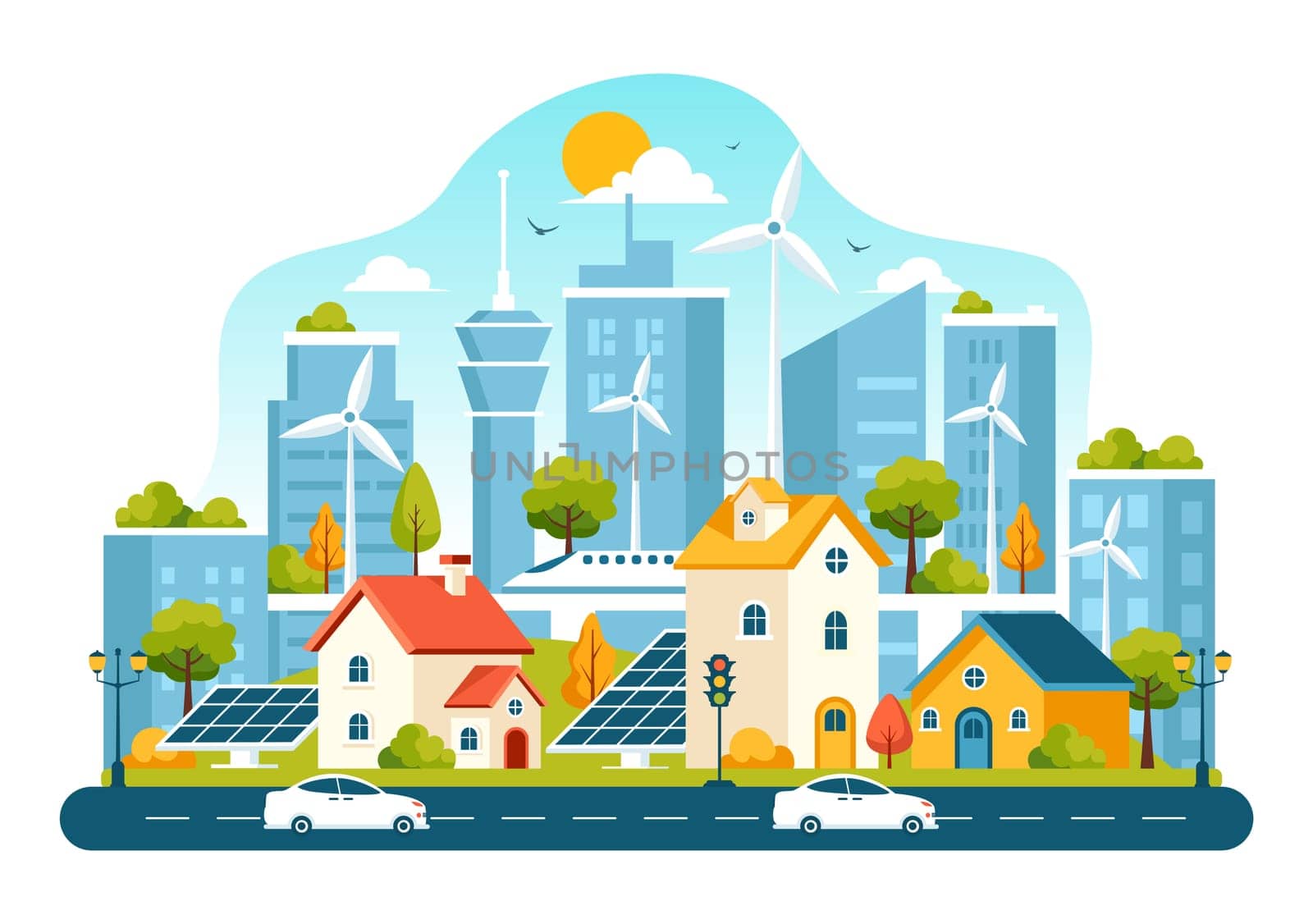 Energy Efficiency in the City Vector Illustration Featuring a Sustainable Environment with Electricity Generated from Solar and Wind Power