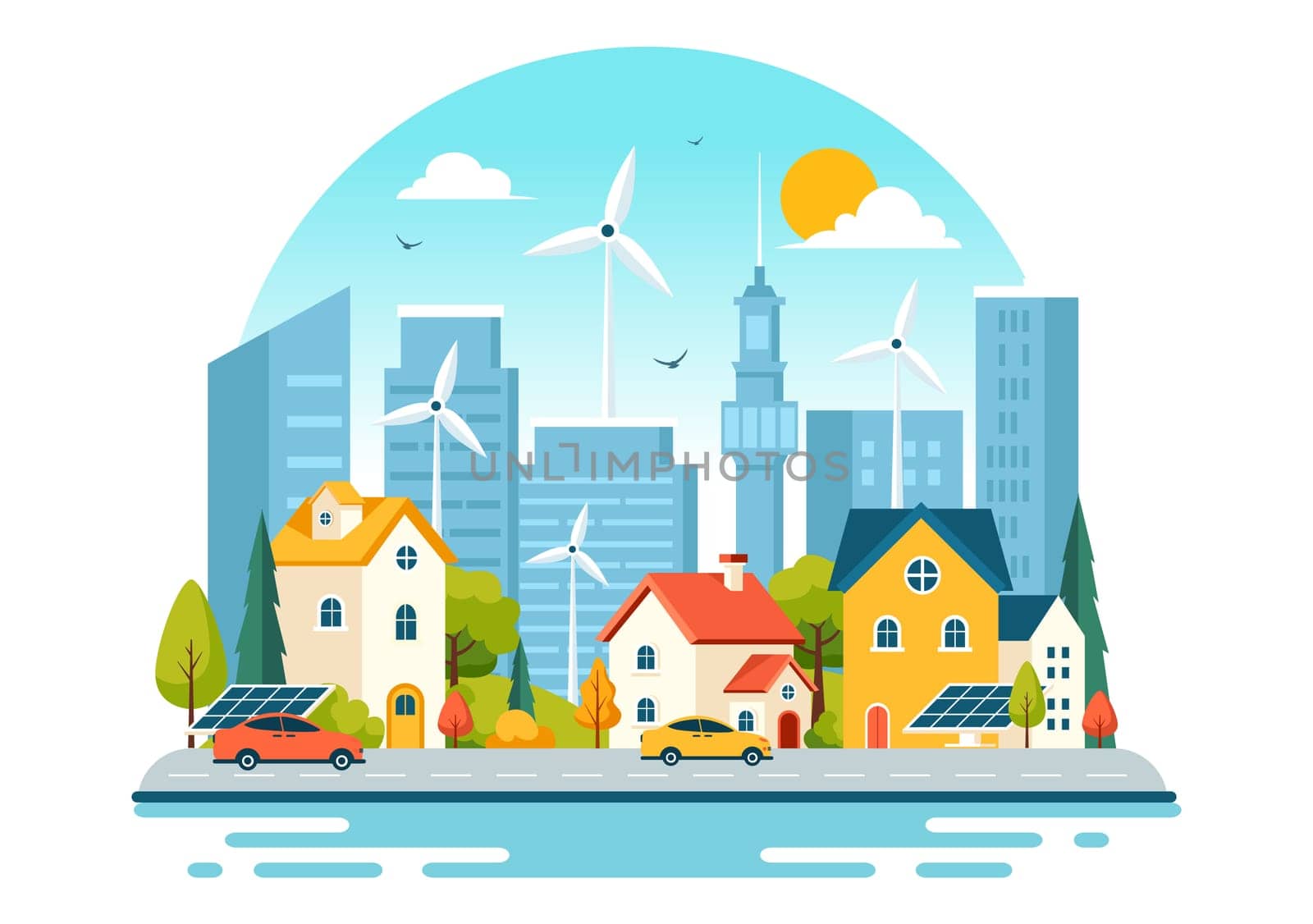 Energy Efficiency in the City Vector Illustration Featuring a Sustainable Environment with Electricity Generated from Solar and Wind Power
