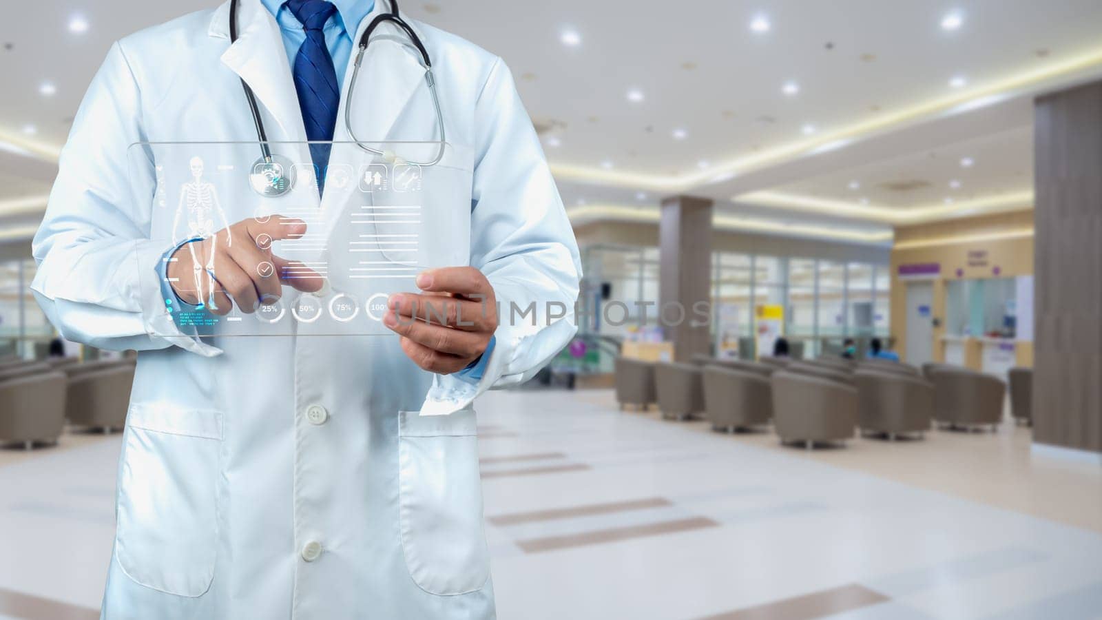 Medical technology concept, Doctor using finger touching screen for medical diagnostic analysis on modern virtual screen network connection, Body human anatomy on technological futuristic.