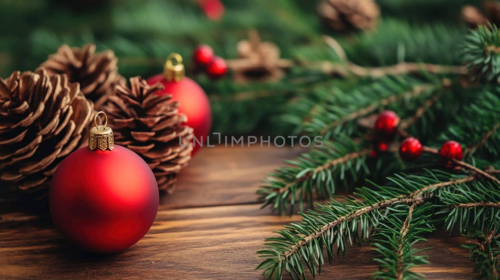 Red ornaments and pine cones are arranged on a wooden surface alongside evergreen branches creating a festive holiday atmosphere.