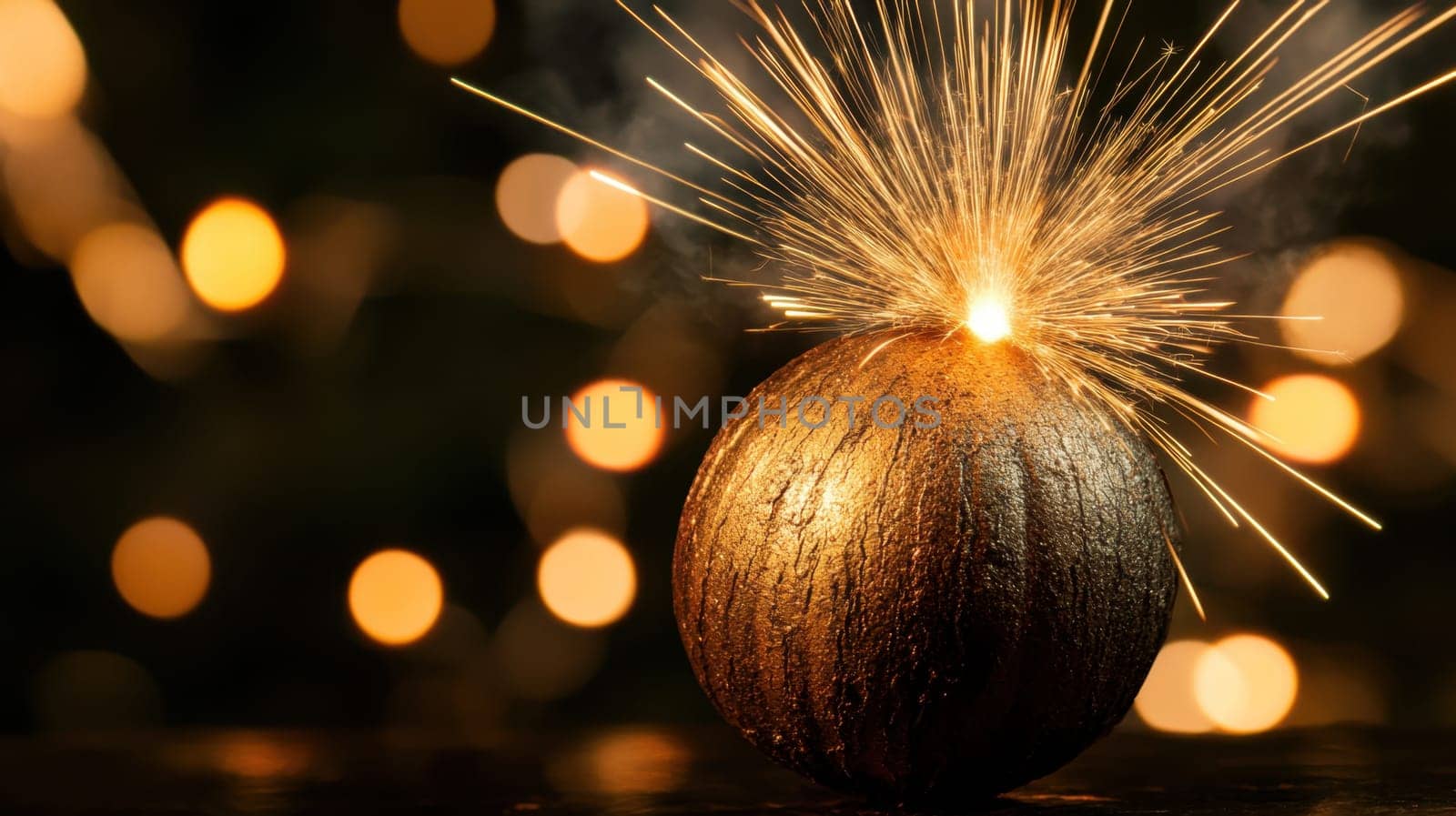 A decorative orb glows as a sparkler lights up creating a festive atmosphere with bright sparks during the evening.