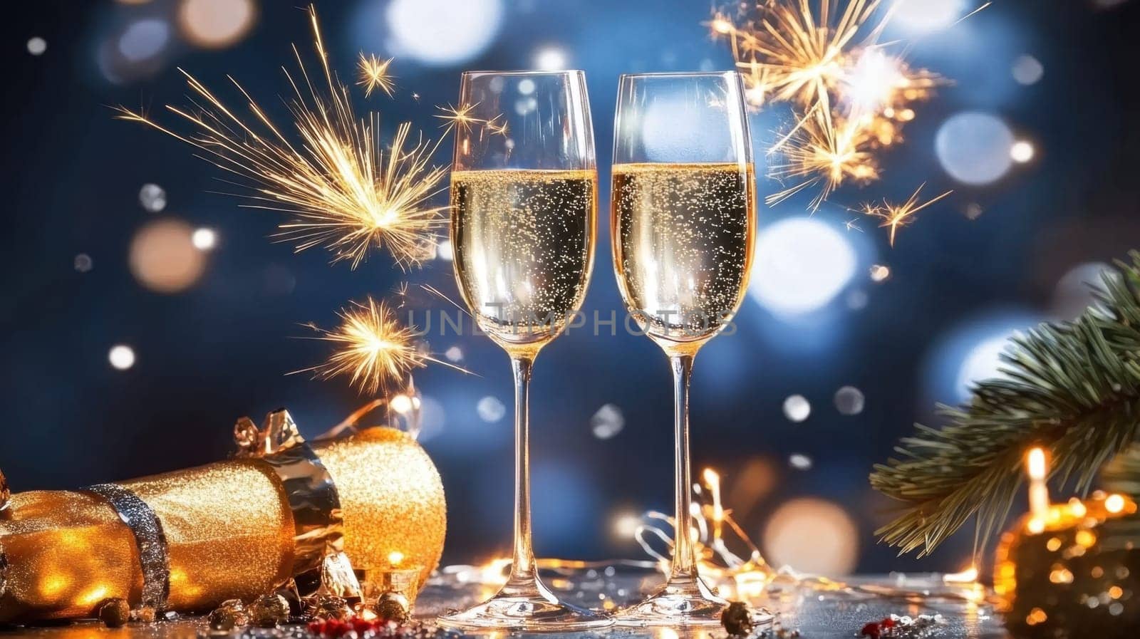 Two champagne flutes filled with sparkling drink are surrounded by festive decorations and sparklers creating a joyous atmosphere for celebration.