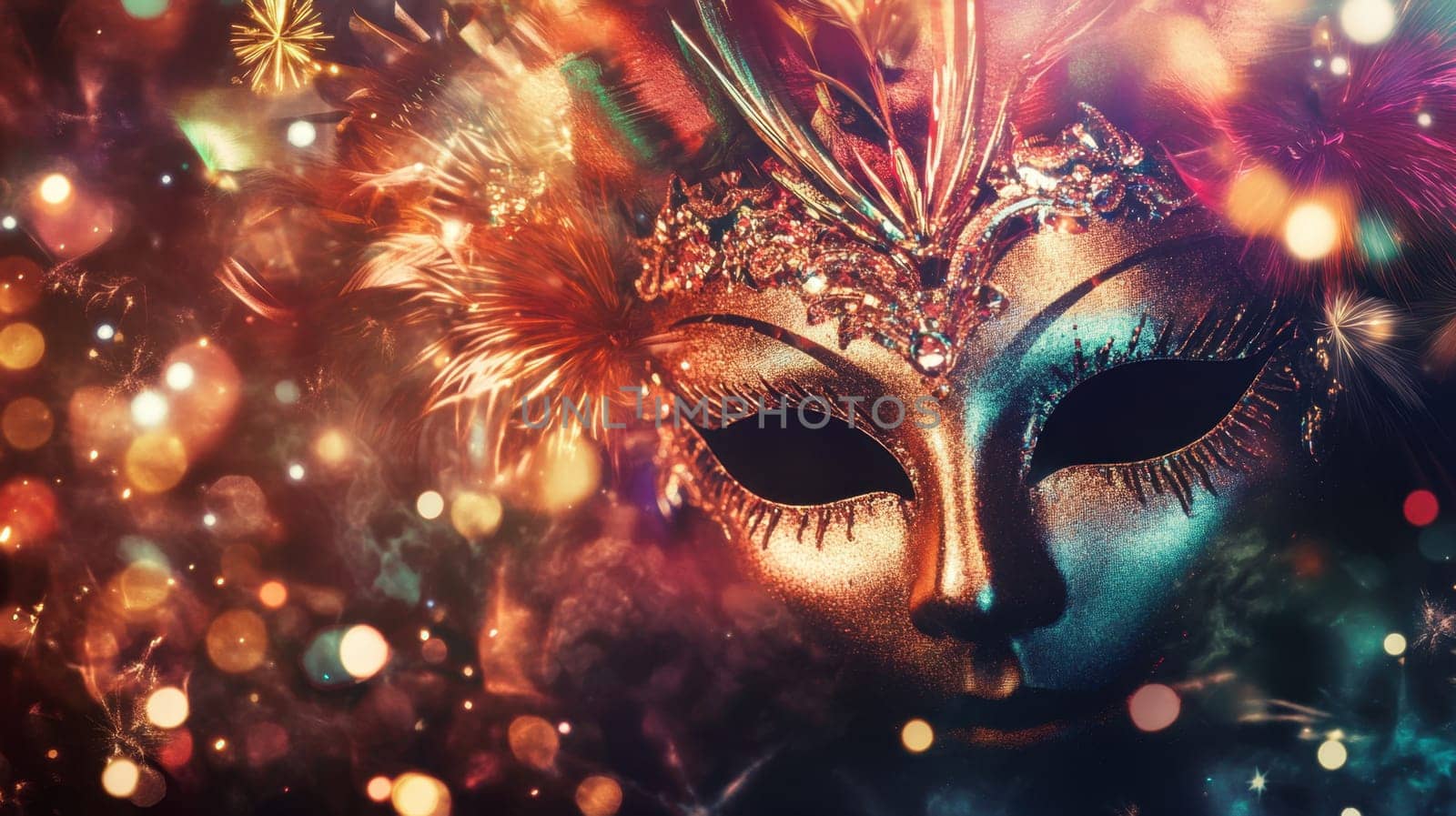 A stunning masquerade mask adorned with bright feathers and intricate designs captures attention in a festive nighttime atmosphere filled with lights.