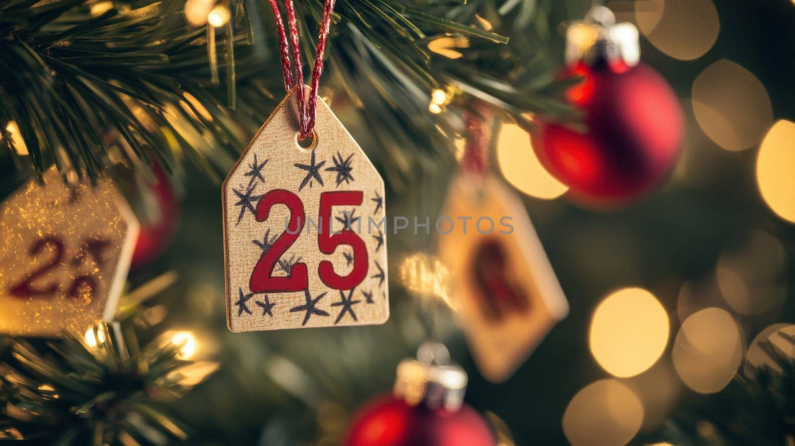 A beautifully adorned Christmas tree featuring festive ornaments twinkling lights and a wooden tag marked 25 to signify Christmas Day.