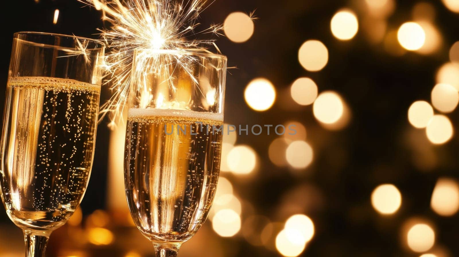 Two champagne glasses filled with bubbly drink are sparkling illuminated by bright lights creating a festive atmosphere for a celebration.