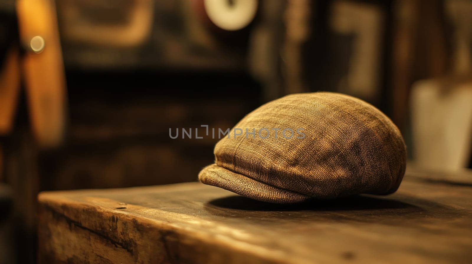 A classic cap placed on a weathered wooden surface surrounded by an authentic rustic environment that enhances its charm.