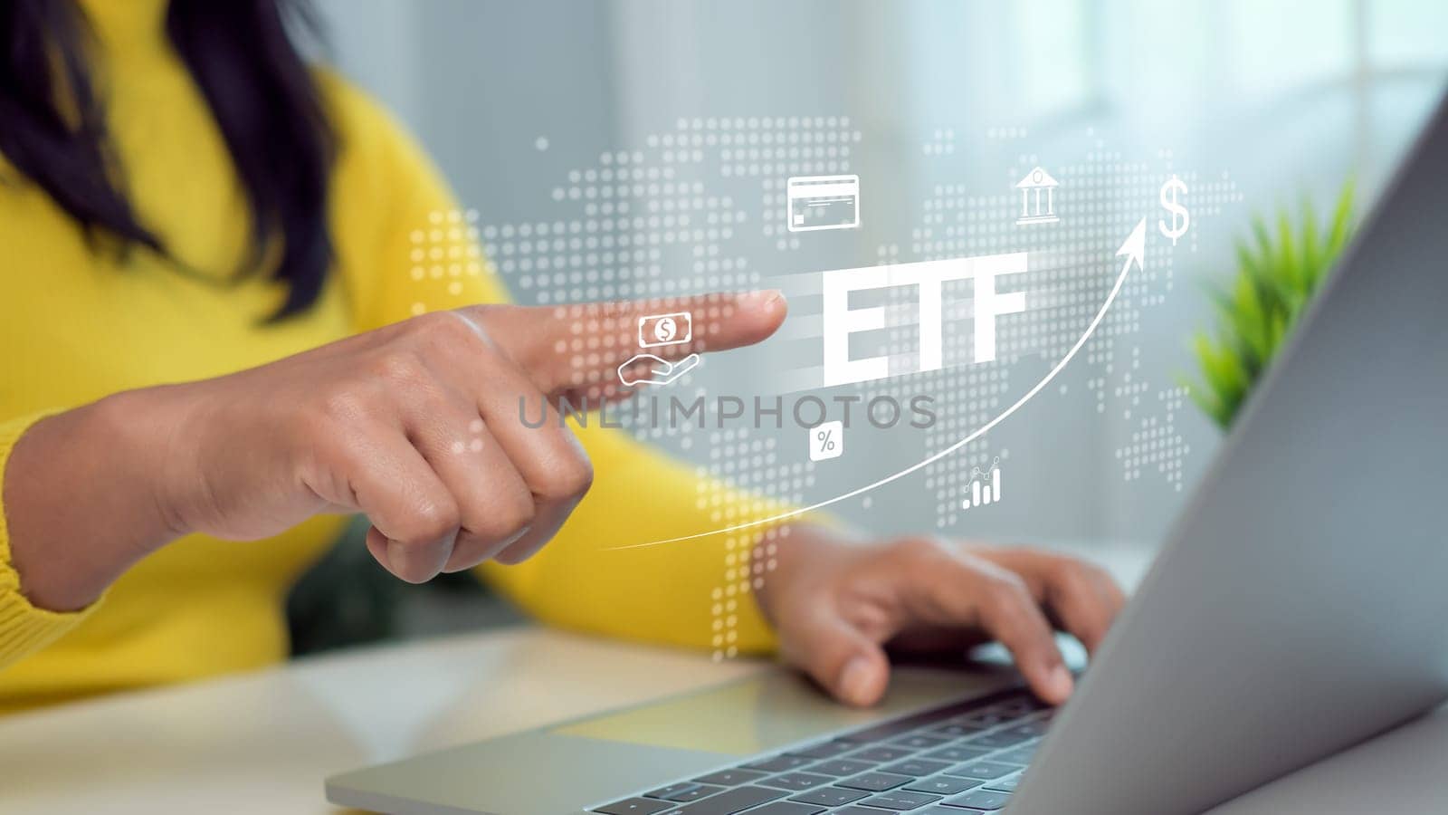 Businesswoman shows icons of ETF Exchange traded fund stock market trading investment financial concept, Investment Opportunities in Mutual Funds and ETFs, Stock market index fund, ETF stock options.